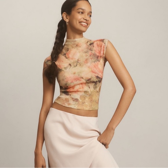 NWT new by Anthropologie cap sleeve mock neck cashmere sweater top XXS floral - Picture 1 of 15
